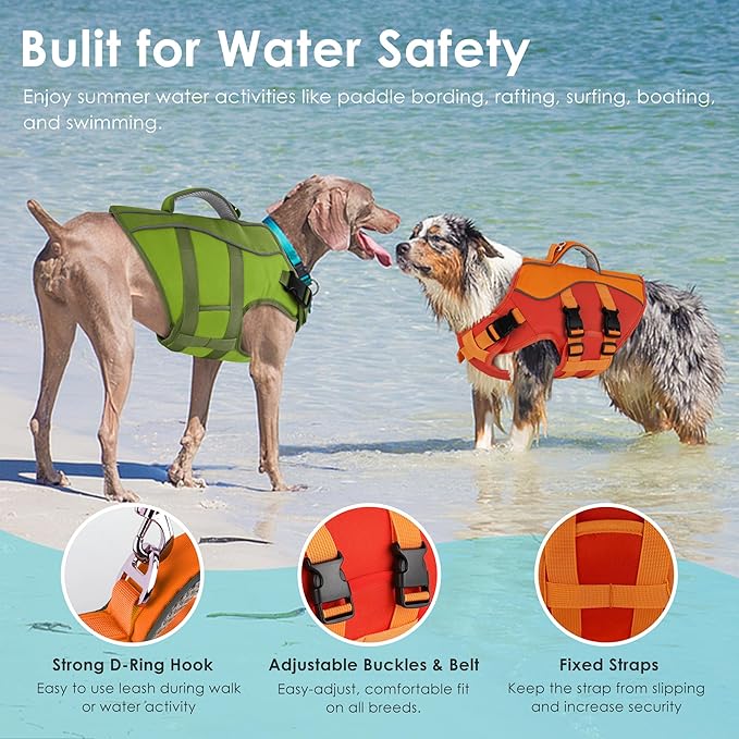 Dog Life Jacket, High Buoyancy Dog Life Vest with Handle for Swimming Boating, Adjustable Swimming Vest with Reflective Trim for Small Medium Large Dogs - Orange, XL