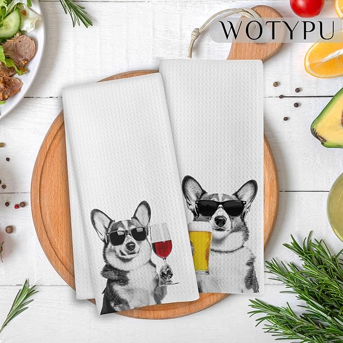 Funny Corgi Kitchen Bar Towels, Corgi Gifts for Corgis Lovers, Wine Beer Lovers Gifts Decorative Hand Towels for Kitchen Bar Cart Decor, 16x24 Inch Set of 2