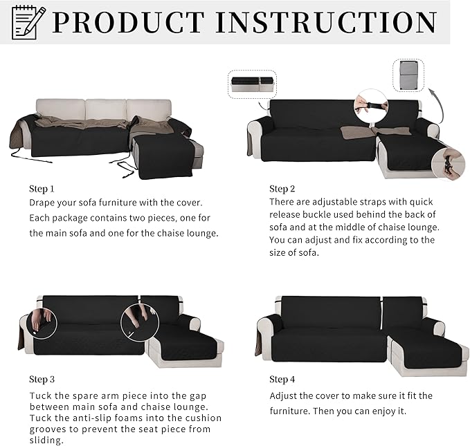 Easy-Going Waterproof Sectional Couch Covers with Chaise 2-Piece Non Slip L Shape Sofa Cover for Dogs Leakproof Furniture Protector Cover with Adjustable Strap for Pets (X-Large, Black)
