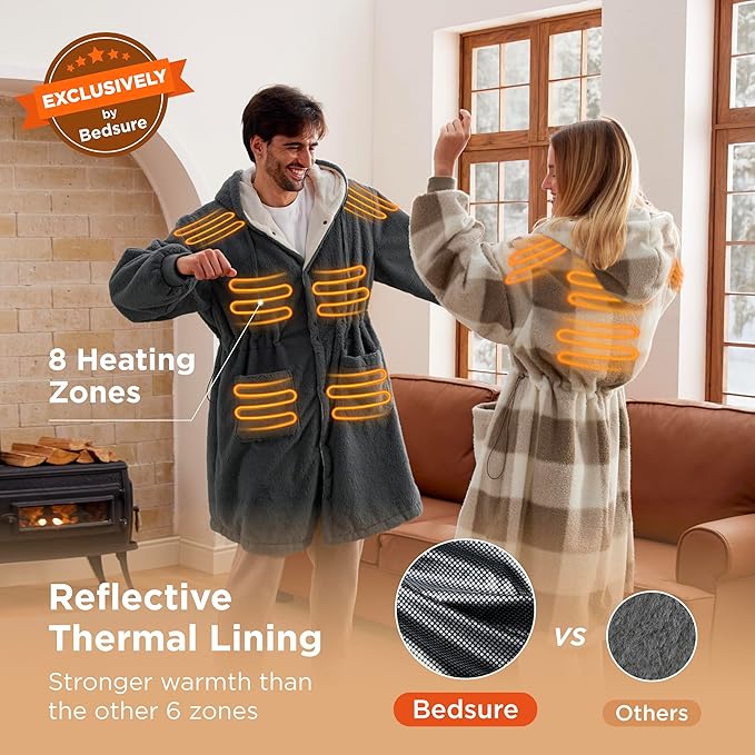 Bedsure Portable Heated Wearable Blanket Hoodie - Faux Cashmere Electric Blanket with 20000mAh Battery Pack, Cordless USB Heated Throw, Winter Gifts for Women, 4 Heat Levels & 4 Timers, 22"x43", Grey
