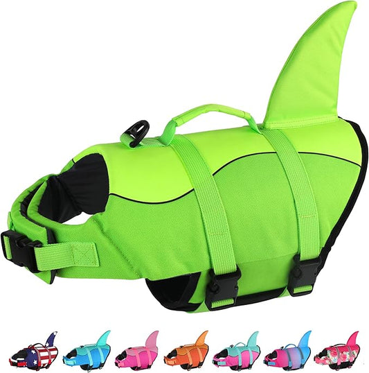 Dogcheer Dog Life Jacket, Cute Shark Dog Swim Vest for Swimming Boating with Superior Buoyancy and Rescue Handle, Adjustable Puppy Floating Vest for Small Medium Large Dogs - Green, XS