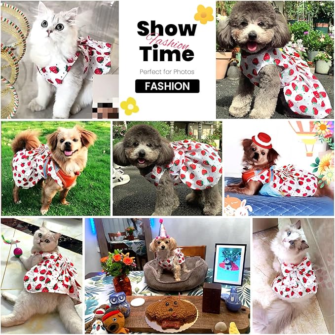 Cute Dog Dress Small Dog Clothes for Girls Female Puppy Outfits Red Strawberry Pet Summer Clothes Bowknot Doggy Cat Princess Dresses Harness for Holiday Birthday Party Costume Clothing (Red,L)