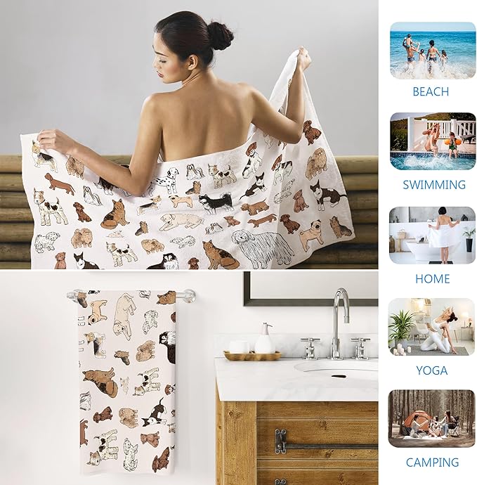 Boho Dog Beach Towel, Dog Lover Gifts, Dogs Sand Beach Towels Gifts for Women, Cute Dogs Quick Dry Bath Pool Towels for Farmhouse Bathroom Swimming Pool, 30x60 Inch