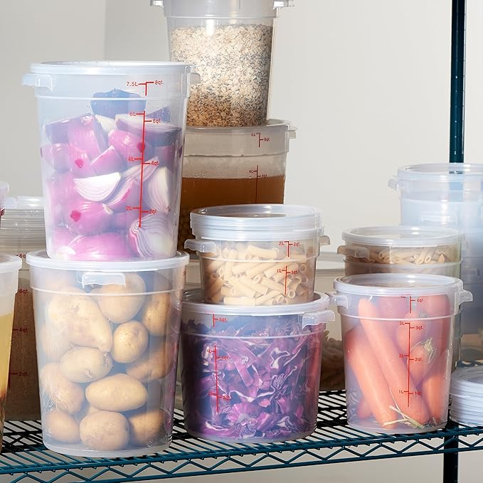 CURTA 8 Quart Translucent Round Food Storage Container with Lid, Pack of 4 – NSF Listed, BPA-Free, Commercial-Grade Polypropylene, Freezer & Dishwasher Safe, Non-Stick, Easy-Read Graduations