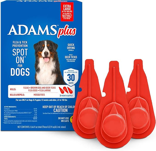 ADAMS Plus Flea & Tick Prevention Spot On for Dogs, Extra Large Dogs, Kills Fleas & Ticks (Brown Dog/Deer Ticks), Kills and Repels Mosquitoes, Prevents Flea Infestations, 3-Month Supply, 3 Pack