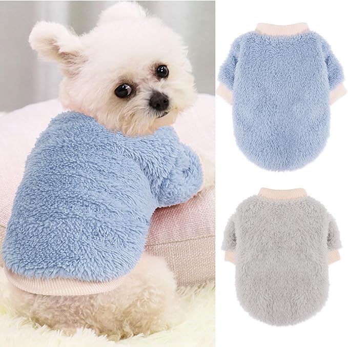 2 Pieces Dog Sweater for Small Dogs Winter Warm Puppy Sweater Fleece Cute Dog Clothes for Dogs Like Chihuahua Yorkie Thick Pet Clothing (Light Grey, Blue, Large)