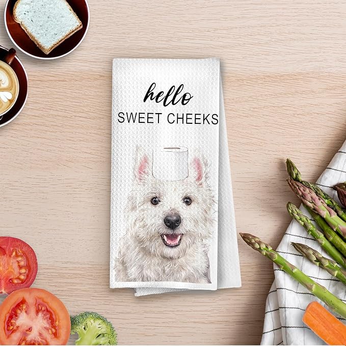 Funny Westie Bathroom Decor - Westie Gifts Waffle Decorative Hand Towels, Hello Sweet Cheeks Bathroom Decor, 16x24 Inches