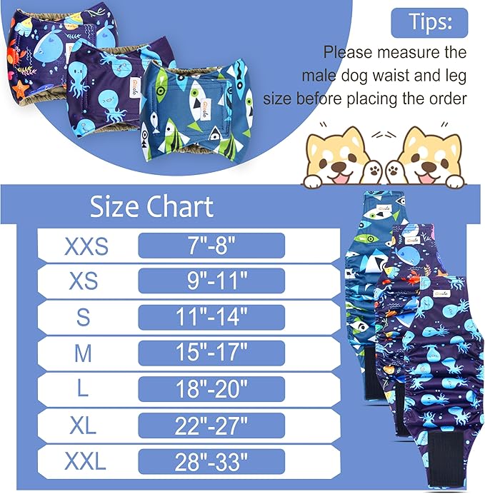 Reusable Dog Diapers Male 3Pcs, Premium Washable Belly Bands for Male Dog XLarge, High Absorbing Male Dog Wraps for Doggie Puppy in Incontinence, Excitable Urination and Training(Seafloor,XL)