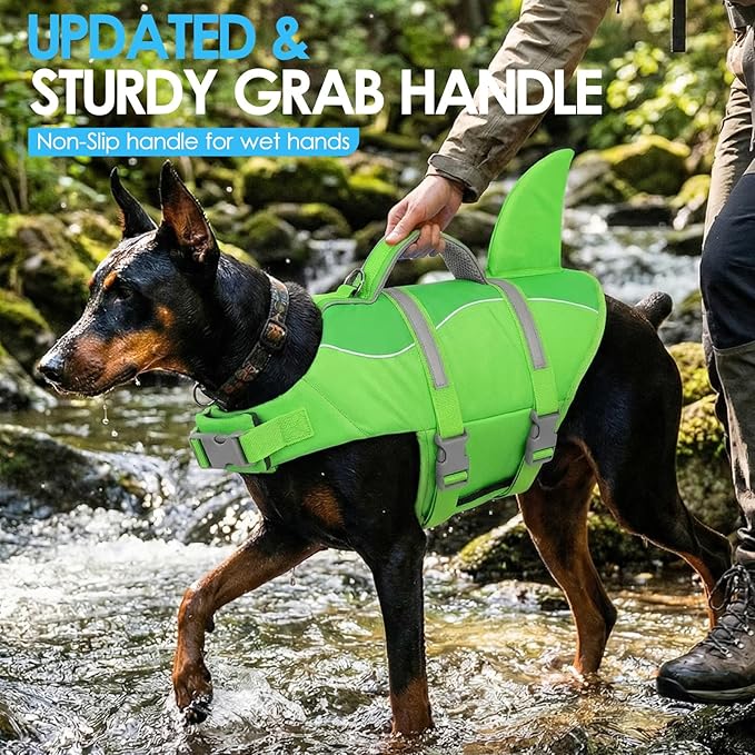 AOFITEE Dog Life Jacket, Dog Life Vest for Swimming, High Flotation Large Dogs Swim Vest with Rescue Handle, Reflective Dogs Lifesaver Swimsuit for Boating Summer Pool Beach, Green Shark XL