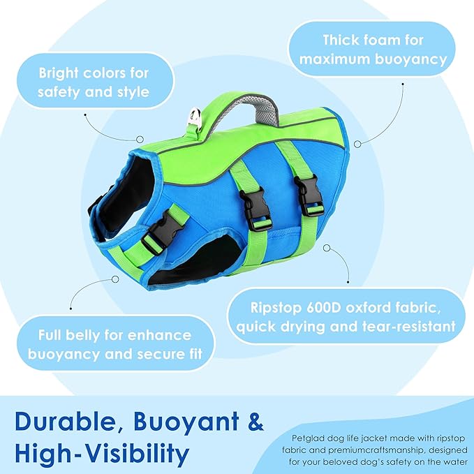 Dog Life Jacket, High Buoyancy Dog Life Vest with Handle for Swimming Boating, Adjustable Swimming Vest with Reflective Trim for Small Medium Large Dogs - Blue & Green, XS