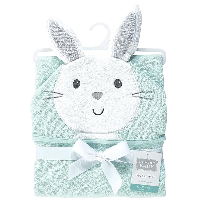 Hudson Baby Unisex Baby Cotton Animal Face Hooded Towel, Mint Bunny, One Size