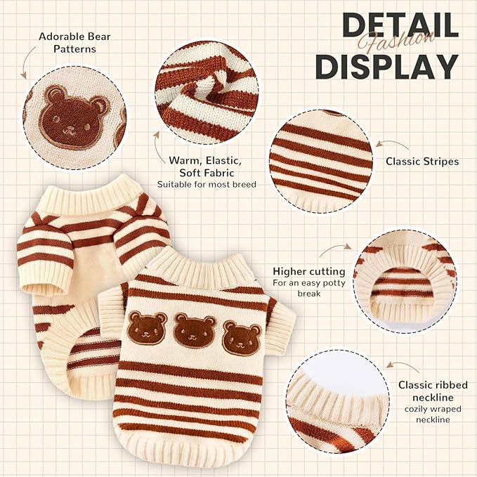 Dog Sweaters for Small Dogs with Cute Bear Pattern, Striped Soft Stretchable Fleece Warm Puppy Clothes for Small Dogs Cats, French Bulldog Chihuahua for Winter