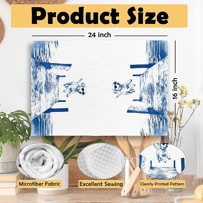 Lake House Decor Labrador Kitchen Towels Set of 2, Summer Funny Lake Dog Coastal Bathroom Hand Towel, Dog Lover Gifts Tea Towel Dish Towels 16x24 Inch