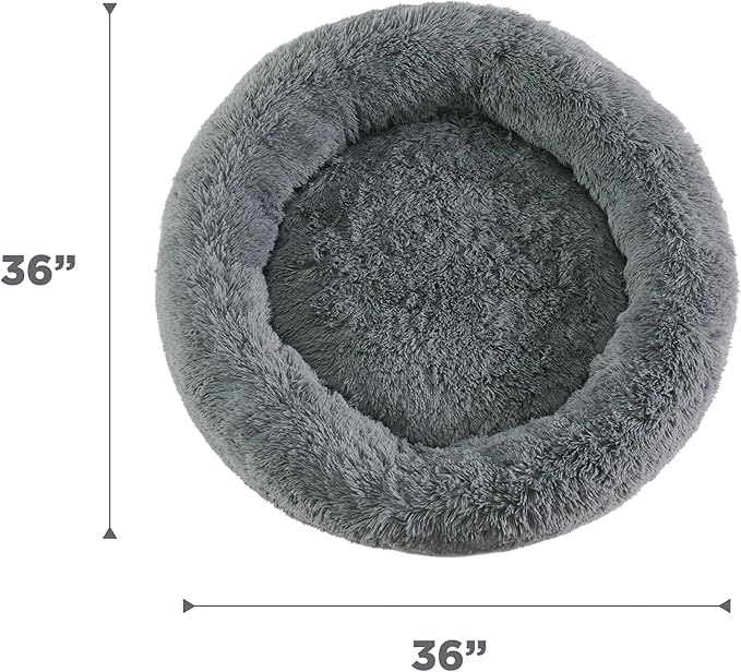 Best Friends by Sheri The Original Calming Donut Dog Bed – Washable Plush Pet Bed for Large Breeds up to 100 lbs, Shag Faux Fur, Gray, Large (36" x 36")