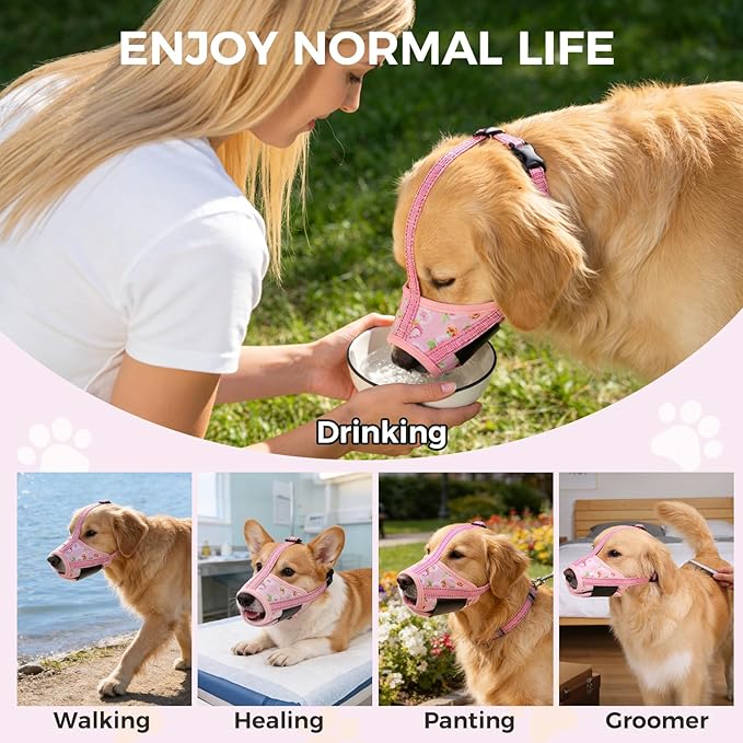 PAWCHIE Dog Muzzle, Soft Muzzle Anti Biting Barking Chewing, Comfortable Air Mesh Mouth Guard Breathable Adjustable Loop Pets Muzzle for Small Medium Large Dogs,Allows Panting Drinking,Pink Flowers L