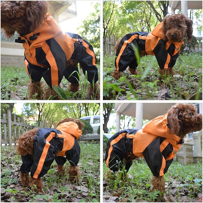 Lovelonglong Border Collie Dog Hooded Raincoat, Rain Jacket Poncho Waterproof Clothes with Hood Breathable 4 Feet Four Legs Rain Coats for Large Dogs Orange L-M+