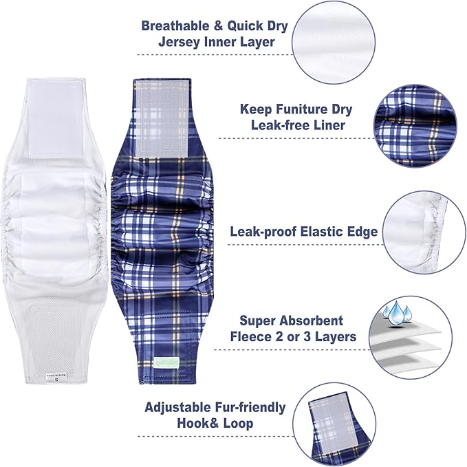 wegreeco Small Dog Diapers Male,Reusable Belly Bands for Male Dogs,Washable Doggie Puppy Male Diapers Wraps,Medium Large Size(5 Pack X-Small, Checkered Pattern)