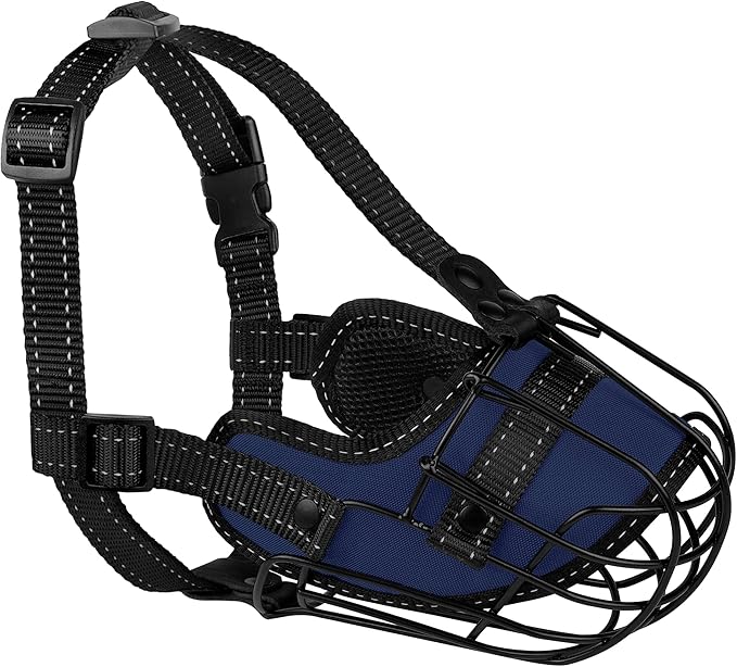 OOPSDOGGY Pitbull Dog Muzzle Reflective Metal Mask Secure Wire Basket Muzzles for Large Sized Dogs Amstaff Soft Cage to Prevent Biting Chewing with Adjustable Nylon Straps (Blue, Pitbull)