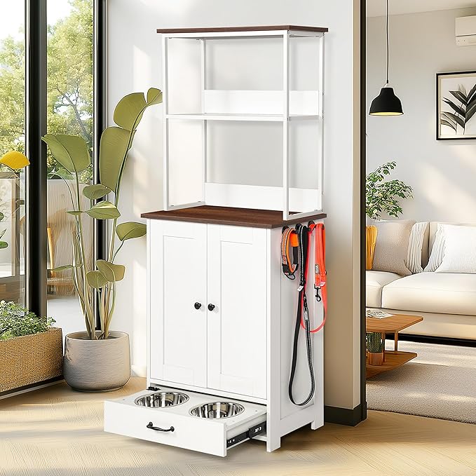Echo Voyage Pet Feeding Station with Bowls, Adjustable Panel with Storage Function Pet Feeder Station for Dogs Cats for Feeding & Watering Supplies, Dog Feeding Station with 2-Level Shelving, White