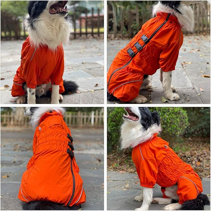 Lovelonglong Waterproof Dog Raincoat – 4-Leg Full Body Dog Rain Suit with Reflective Strips & Leash Opening, Outdoor Dog Jacket for Rainy Weather