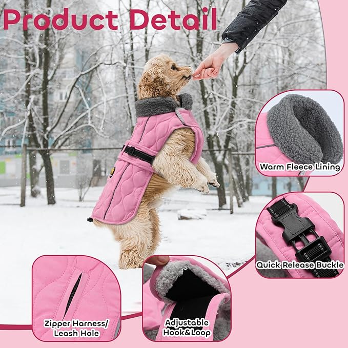 Dog Winter Jacket, Adjustable Water-Resistant Dog Warm Coat with Fleece Lining, Windproof Cold Weather Coats for Winter, Reflective Snow Jacket for Labrador Golden Retriever, NewPink XL