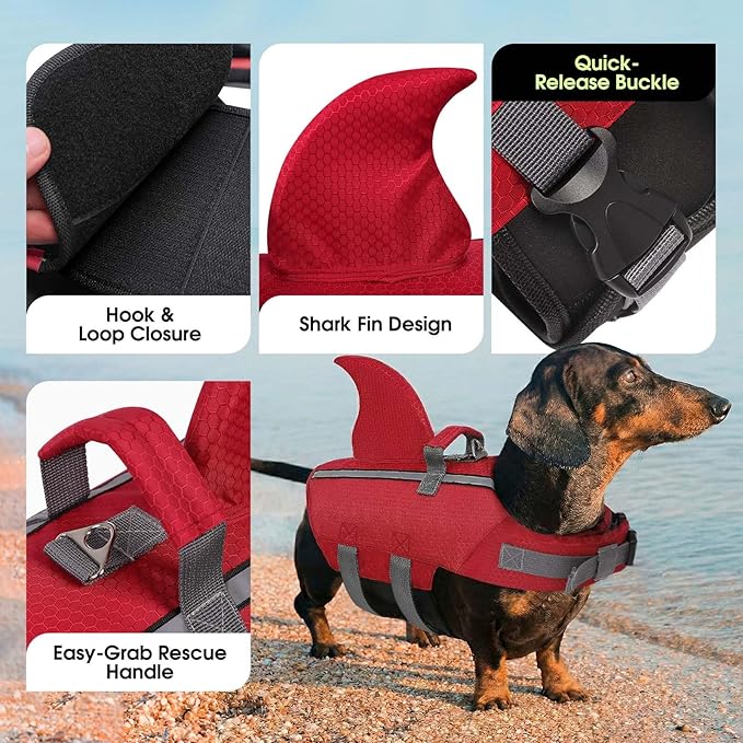 SUNFURA Dog Life Jacket Shark Life Vest for Dogs, Adjustable Swmming Vest with High Buoyancy, Safety Lifesaver with Rescue Handle for French Bulldog Small Medium Breeds, Burgundy M