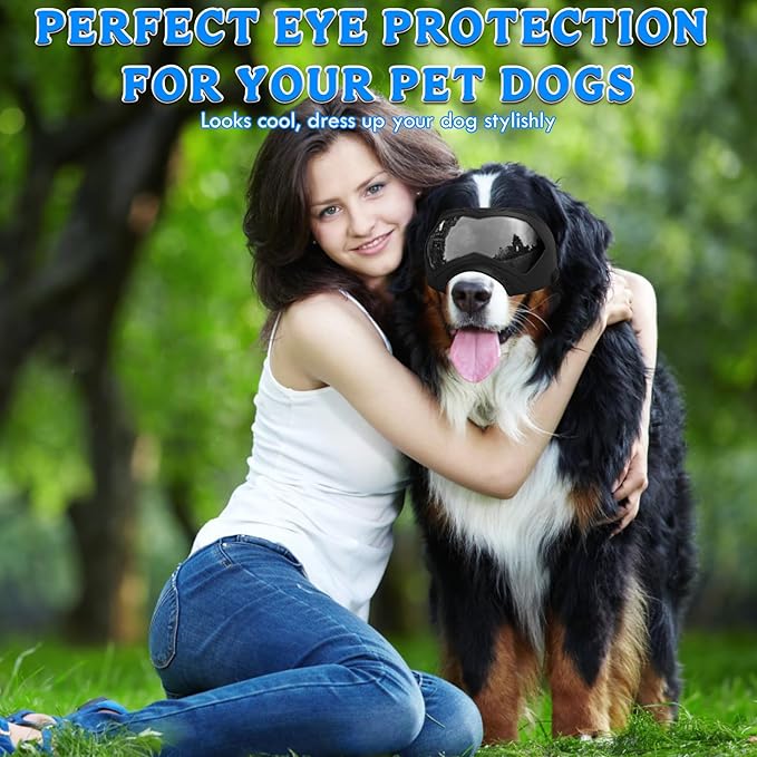 Large Dog Sunglasses Dog Goggles Pet Glasses Pet Eyewear with Adjustable Strap, Glasses for Medium Large Dog Swimming Skating Glasses Windproof Dustproof UV Proof (Black-Silver)