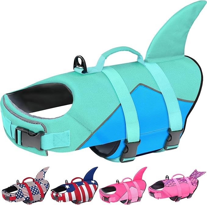 Malier Dog Life Jacket, Ripstop Dog Life Vest with High Buoyancy for Swimming Boating, High Visibility Shark Puupy Lifesaver for Small Medium Large Dogs (Pure Blue, Medium)