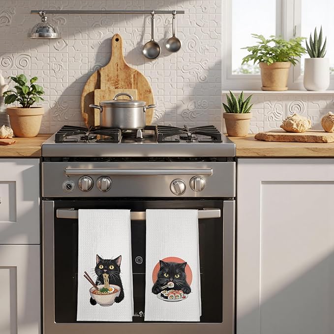 Funny Black Cat Kitchen Towels Set of 2, Cat Lovers Mom Lady Gifts Dish Tea Towels for Kitchen, Vintage Japanese Noodles Sushi Black Cats Decorative Hand Towels, 16x24 Inches