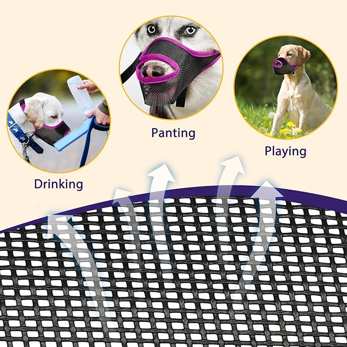 LUCKYPAW Dog Muzzle, Patented Mesh Muzzle for Large Medium Small Dogs Allows Full Pant Drinking Mouth Cover to Prevent Biting Chewing Scavenging Adjustable Breathable Mouth Guard(Purple,M)