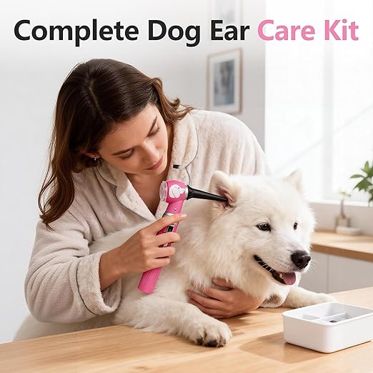 Pocket Veterinary LED Otoscope - Pet Ear Scope with Light for Dogs & Cats, 6 Disposable Tips (4/6/9mm), Portable Ear Infection Detector (Pink)