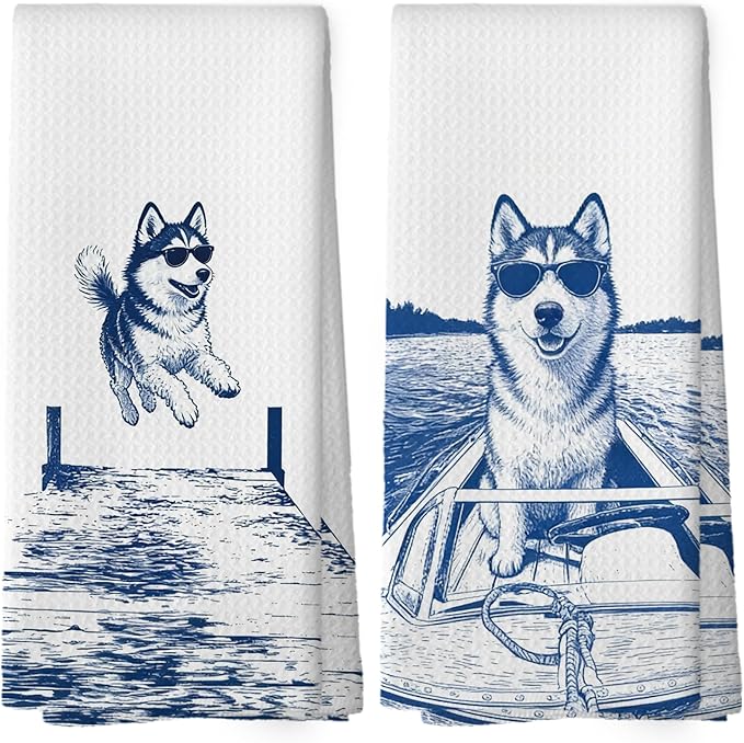 Lake House Decor Husky Kitchen Towels Set of 2, Summer Funny Lake Dog Coastal Bathroom Hand Towel, Dog Lover Gifts Tea Towel Dish Towels 16x24 Inch