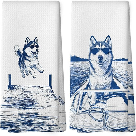 Lake House Decor Husky Kitchen Towels Set of 2, Summer Funny Lake Dog Coastal Bathroom Hand Towel, Dog Lover Gifts Tea Towel Dish Towels 16x24 Inch
