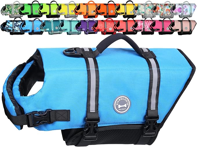 VIVAGLORY Rip Stop Dog Life Vest, Swimming Vest with Handle, Buoyancy for Doggy Puppy, Dog Life Jacket for Swimming & Boating, L, Blue