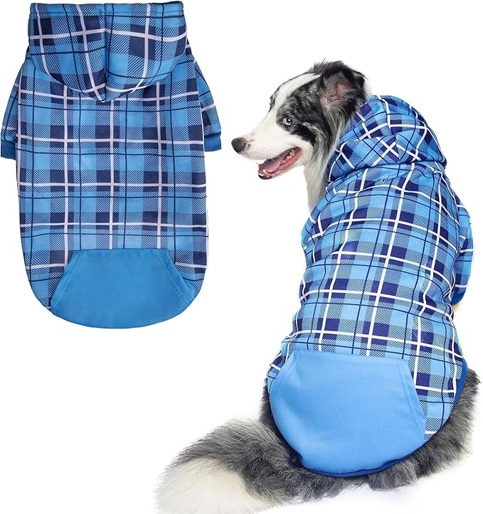EXPAWLORER Plaid Dog Hoodie - British Style Warm Dog Sweater Shirt with Leash Hole,Pitbull Clothes Outfits,Winter Coat Apparel for All Breeds Puppy Girl Boy-Cat Apparel,Blue Large