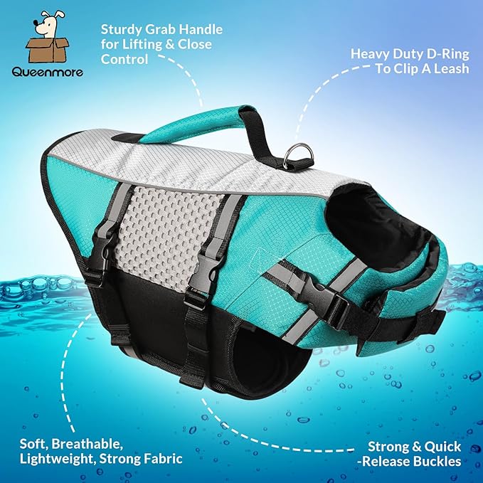 Queenmore Dog Life Jacket Swimming Vest Small Medium Dogs Neoprene Boating Life Preserver Lightweight Reflective Cat Puppy Kayaking Lifesaver for French Bulldog,Yorkie Terrier,Bichon(Peacock Green,S)