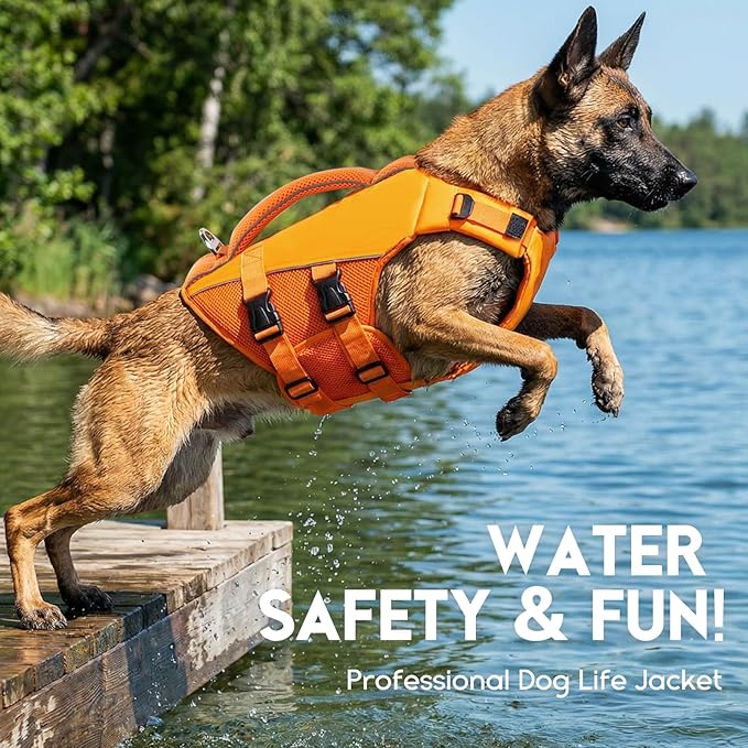 ASENKU Dog Life Jacket, High-Buoyancy Reflective Dog Swimming Vest with Durable Handles for Small/Medium/Large Dogs - Pool, Beach, Boating (Orange, L)