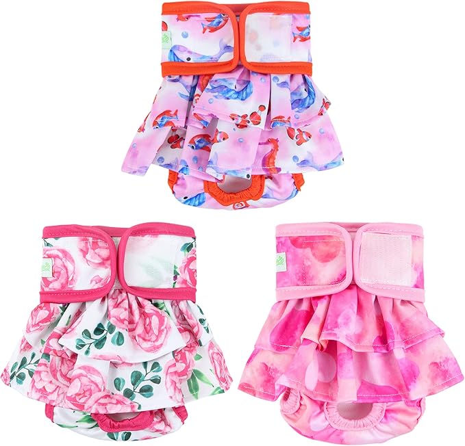 wegreeco Washable Dog Diapers Female (3 Pack), Highly Absorbent Dog Diapers for Female Dogs in Heat, Period, Incontinence, or Excitable Urination (Ocean of Flowers, Medium)