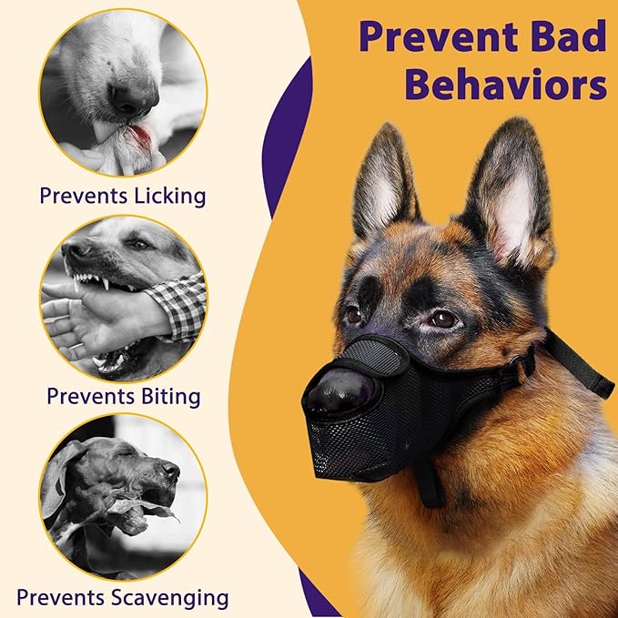 LUCKYPAW Dog Muzzle, Patented Mesh Muzzle for Large Medium Small Dogs Allows Full Pant Drinking Mouth Cover to Prevent Biting Chewing Scavenging Adjustable Breathable Mouth Guard(S, Black)
