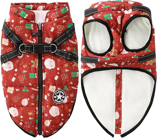 Aiboria Dog Jacket Windproof Fleece Dog Sweater with Padded Vest Chest Strap Harness Dogs Coat Christmas Red XXL