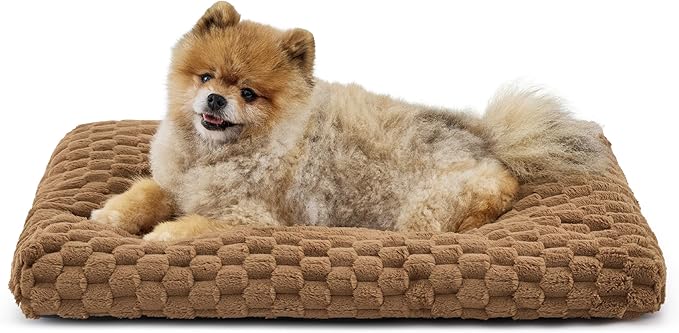 Bedsure Small Washable Dog Bed for Crate, Soft Fluffy Bubble Fleece Pet Bed Mat for Deep Sleep, Non-Slip and Machine Washable Kennel Sleeping Pad for Small Dogs/Puppy/Cat, 23"x17"x3", Camel Brown