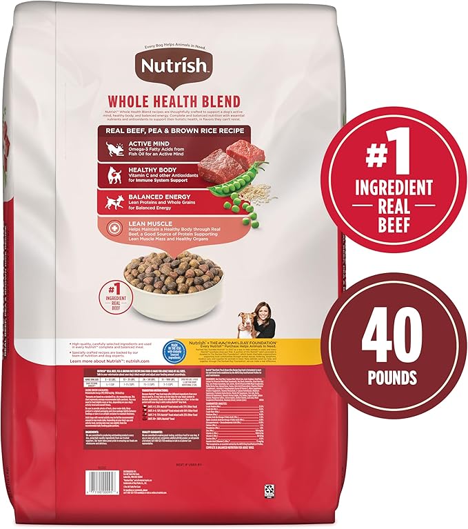 Nutrish Rachael Ray Adult Dry Dog Food Real Beef, Pea & Brown Rice Recipe, 40 lb. Bag (Packaging May Vary)