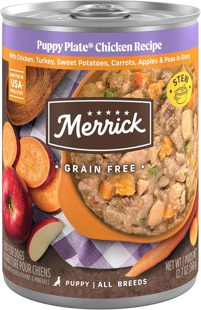 Merrick Grain Free Wet Puppy Food, Premium Soft And Gluten Free Canned Dog Food, Puppy Plate Chicken Recipe - (Pack of 12) 12.7 oz. Cans