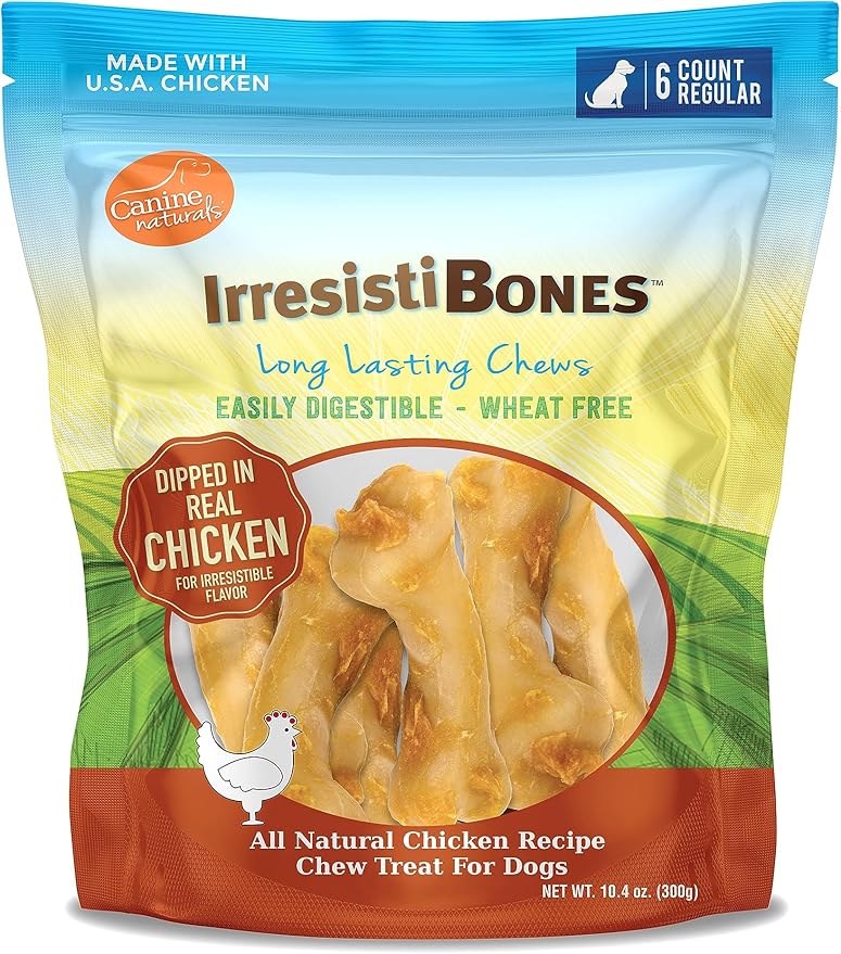 Canine Naturals IrresistiBONES Long Lasting Chicken Chew - Made from USA Raised Chicken – with A Real Meat Coating - All Natural and Easily Digestible - 6 Pack