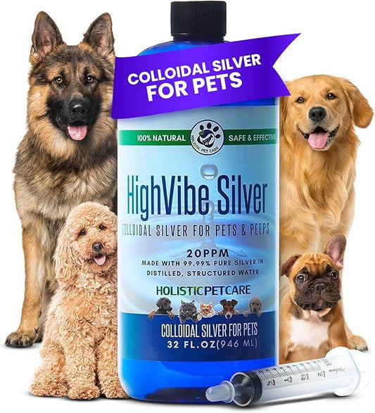 Holistic Pet Care Colloidal Silver for Dogs, Cats, Horses & Birds – 20 PPM Wound Care, Hot Spot Treatment, Skin Relief & Immune Support – All-Natural Pet Colloidal Silver Solution, with Syringe (32oz)
