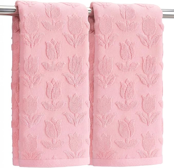 2pcs Pink Tulip Hand Towels for Bathroom Pink Spring Cotton Jacquard Kitchen Bath Hand Towels Set Decorative Weave Floral 3D Kitchen Dish Towel Soft Absorbent Bathroom Towel Home Decor Gift