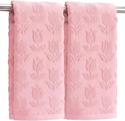 2pcs Pink Tulip Hand Towels for Bathroom Pink Spring Cotton Jacquard Kitchen Bath Hand Towels Set Decorative Weave Floral 3D Kitchen Dish Towel Soft Absorbent Bathroom Towel Home Decor Gift