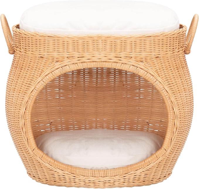 SAFAVIEH Home Collection Faati Honey Brown Rattan Pet Cat Bed with White Cushion, Ideal for Living Room, Bedroom, Entryway (Fully Assembled)
