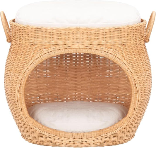 SAFAVIEH Home Collection Faati Honey Brown Rattan Pet Cat Bed with White Cushion, Ideal for Living Room, Bedroom, Entryway (Fully Assembled)