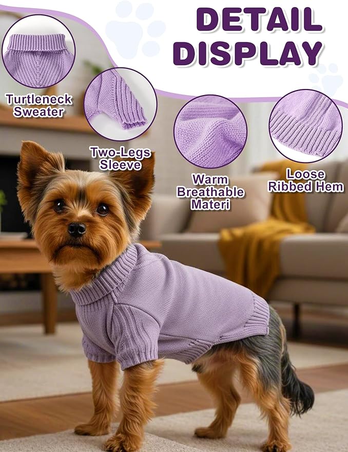 Dog Sweaters for Small Medium Large Dog, Classic Turtleneck Pet Clothes Warm Thermal Doggy Winter Coat, Thick Double Knitting Collar Pullover Cold Weather Puppy Jacket(Purple,S)